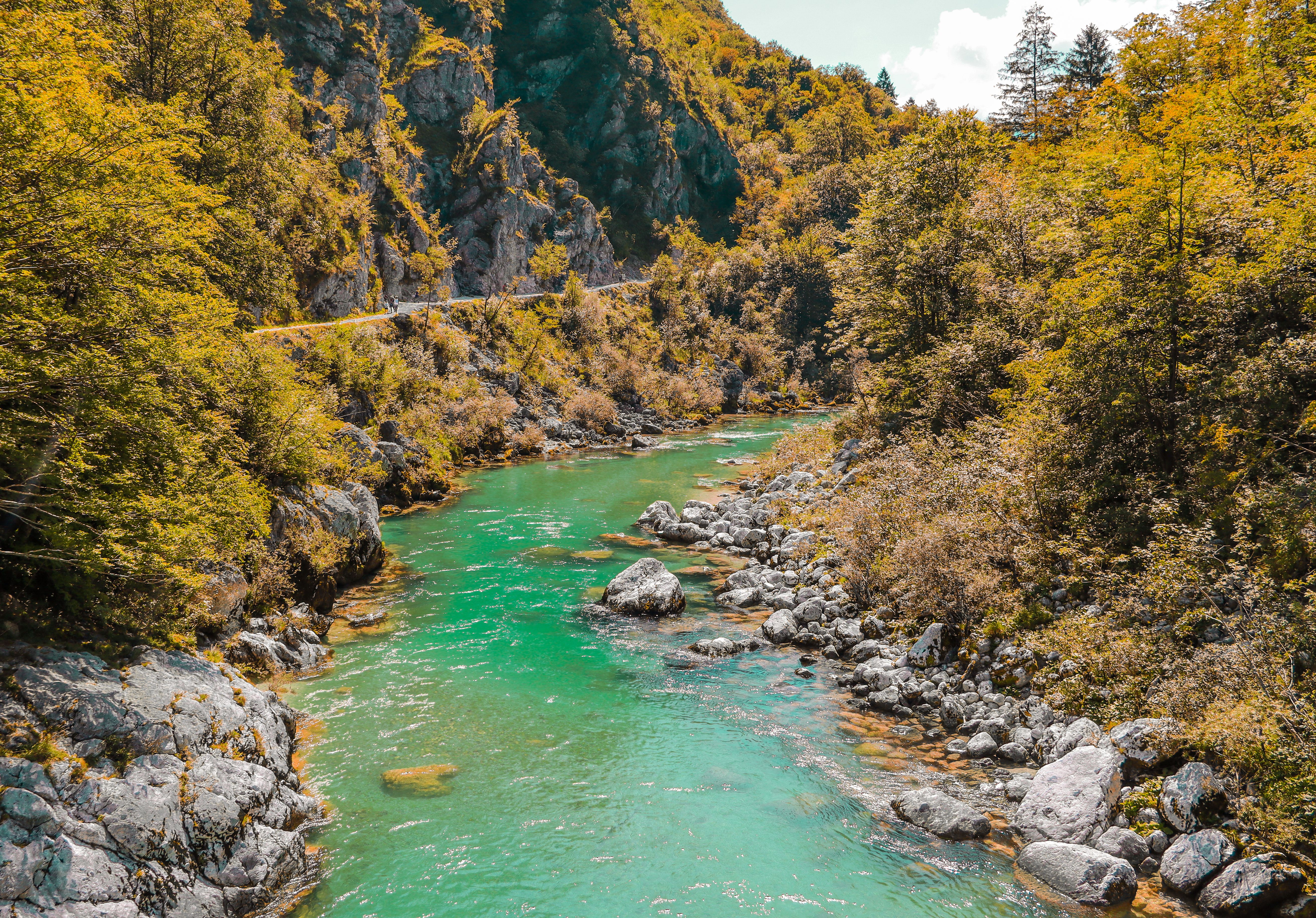 emerald green river winding through a steep mountain valley, Slovenia