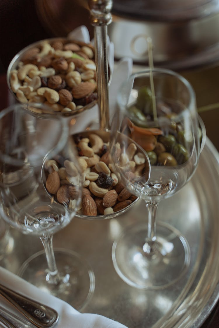 Wine Glasses Near Mixed Nuts