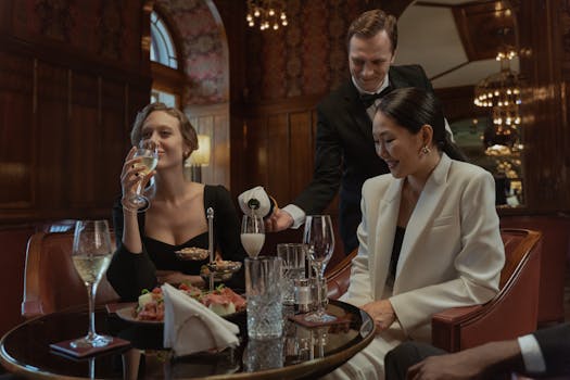 An elegant restaurant scene featuring champagne service to well-dressed guests, portraying luxury dining.