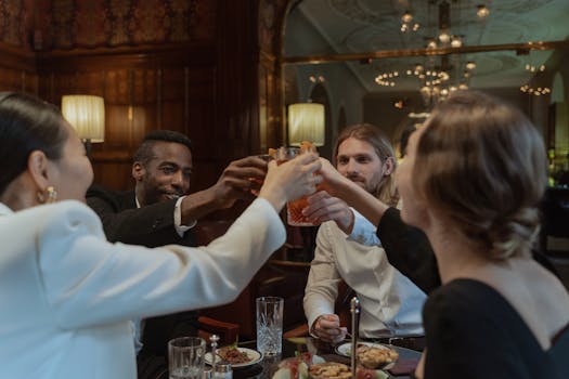 Group of friends enjoying a celebratory toast at an upscale restaurant dinner.