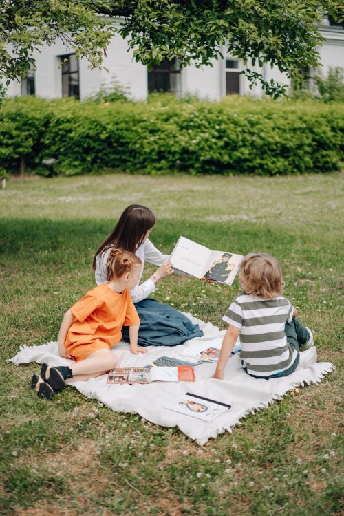 Free Mother and children enjoy a reading session on a picnic blanket outdoors. Stock Photo