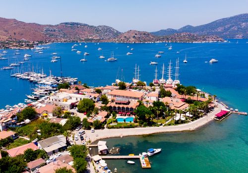 Free Stunning aerial photo of Marmaris marina with yachts and blue waters. Stock Photo