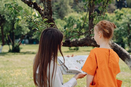 Free A mother and daughter reading a botanical book in a sunny park. Stock Photo