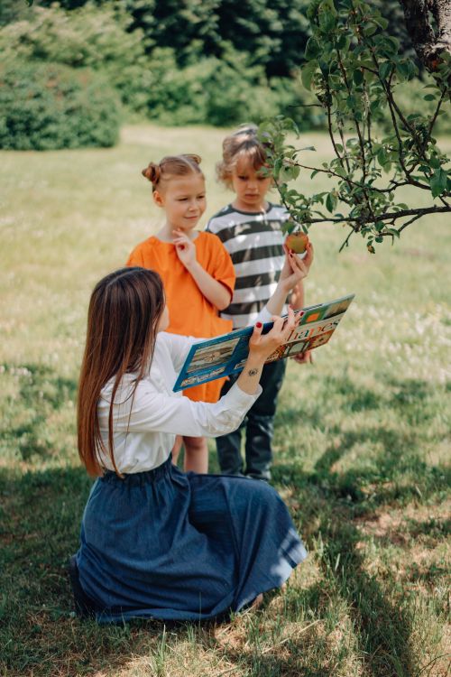 Free A teacher reads to children under a tree, promoting outdoor education. Stock Photo