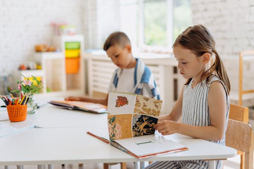 Free Kids Sitting Looking at the Books Stock Photo