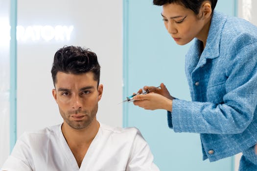 A woman administers an injection to a man in a modern laboratory setting.