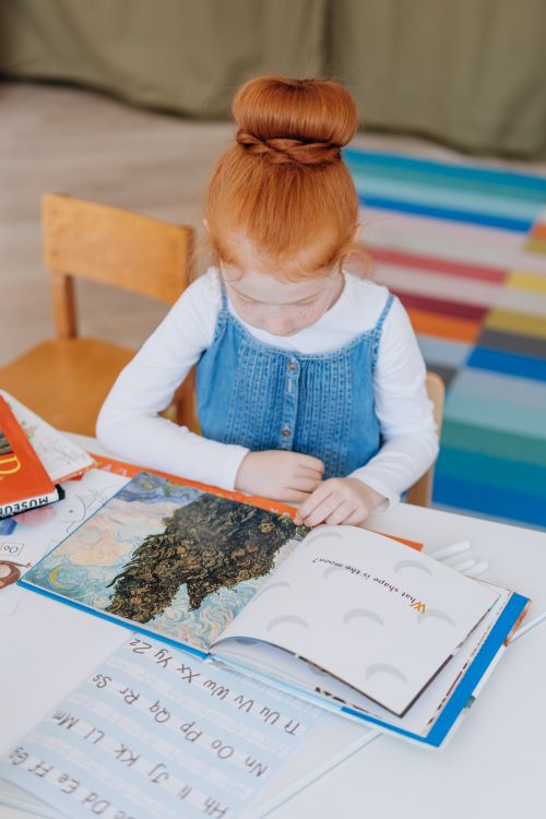 Free A young girl reads at a table in a colorful room, illustrating childhood learning. Stock Photo