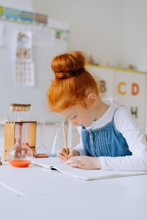 Free Red-haired girl writing in a notebook surrounded by laboratory equipment in a learning environment. Stock Photo