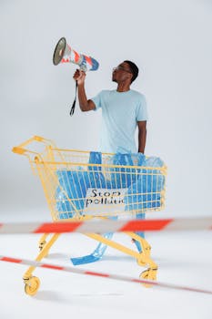 Adult male stands in shopping cart with 'Stop Pollution' sign, holding megaphone.