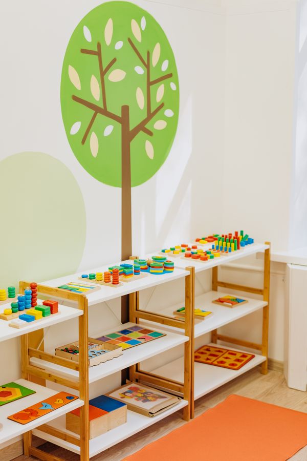 Educational toys and materials on shelves