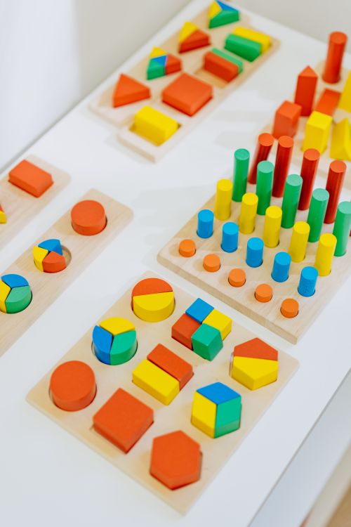 Colorful wooden shape sorter pieces