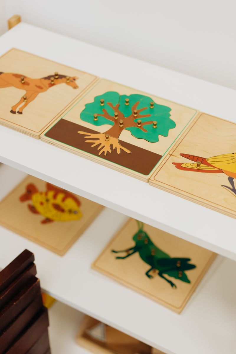 Educational wooden puzzles on a shelf in a classroom setting, promoting fun learning for children.