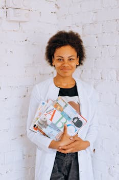 African American woman with afro hair holding educational books against white brick wall.
