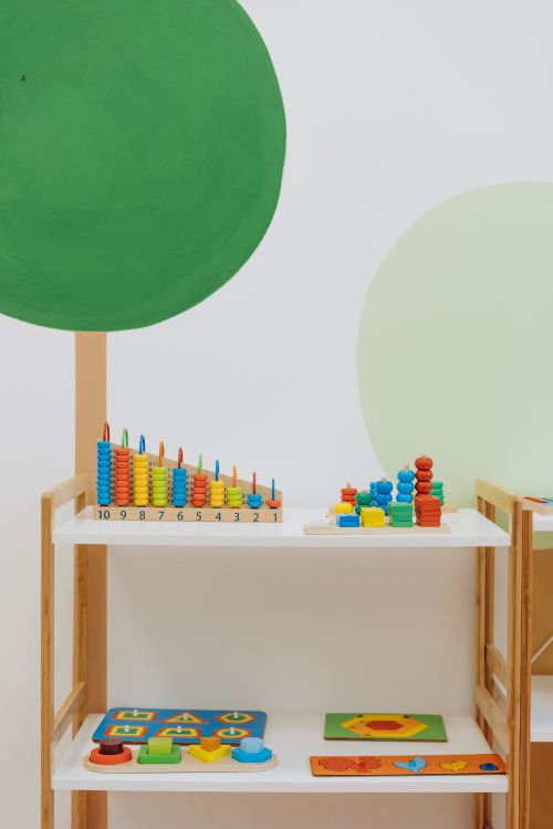 Colorful toys arranged on shelves