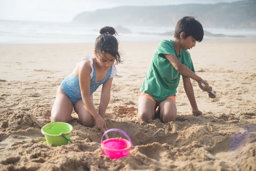 Kid Digging on Beach Sand