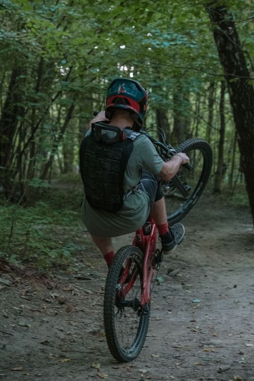 Free A mountain biker performs a wheelie on a forest trail, showcasing skill and adventure. Stock Photo