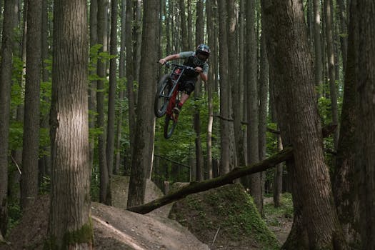 Mountain biker jumps over a trail in a dense forest, showcasing extreme sports skills.