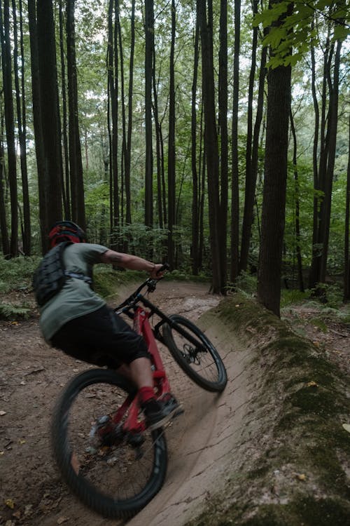 Cyclist Riding on a Berm Along a Forest Trail