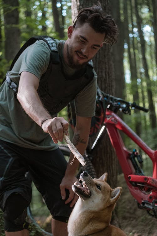 Photo of a Man in a Green Shirt Playing with His Shiba Inu Pet