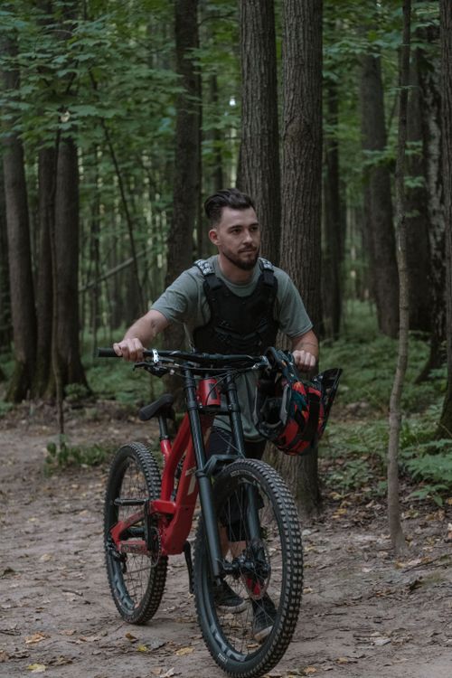 Free Man with mountain bike walking through a serene forest trail. Stock Photo