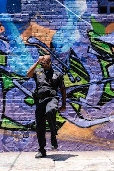 Police officer dancing freestyle in front of vibrant graffiti wall outdoors on a sunny day.