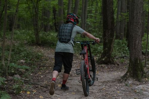 Free A cyclist pushes their bike along a forest trail, wearing protective gear and helmet, mid-journey. Stock Photo