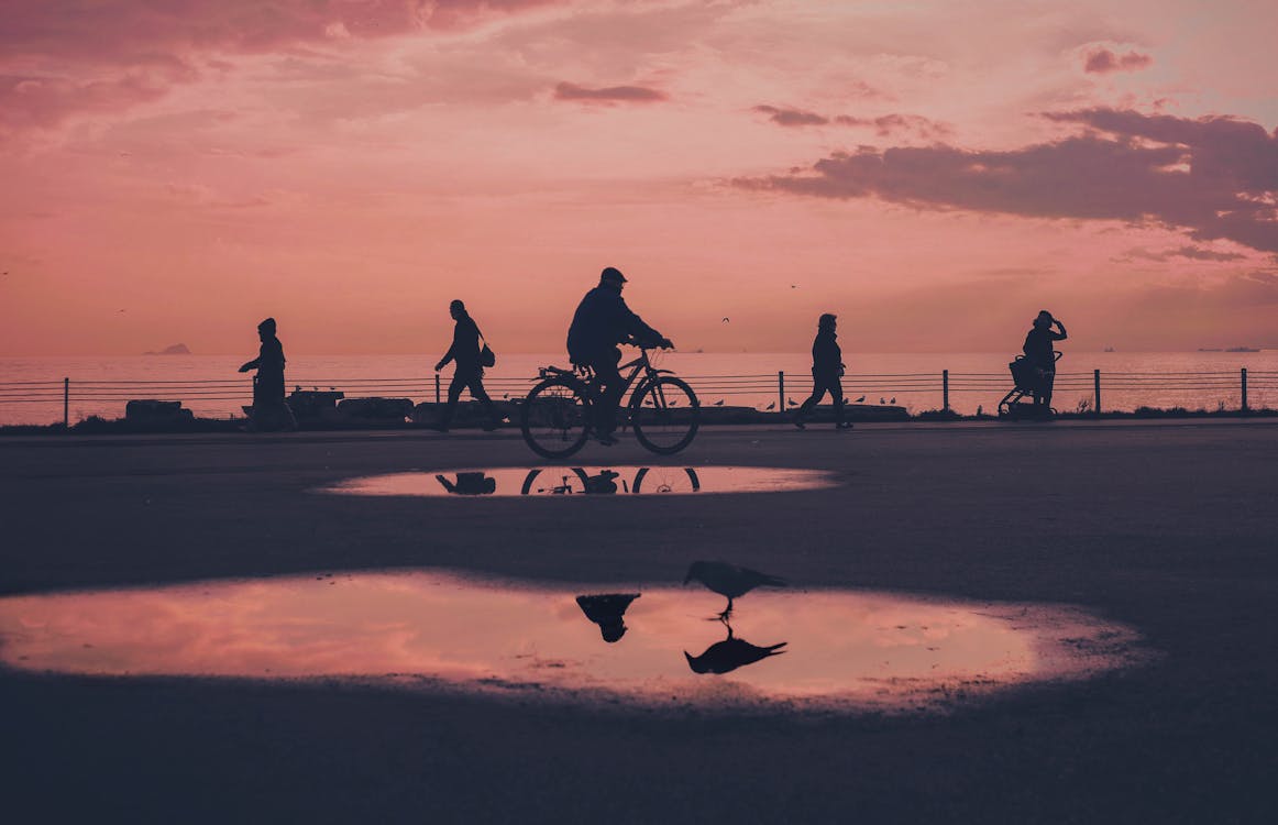 Free People Riding Bicycle on Brown Sand during Sunset Stock Photo