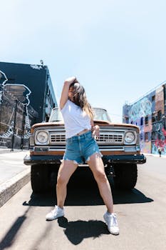 Energetic street dancer poses confidently in front of a vintage truck in a vibrant urban environment.