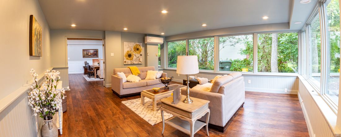 Spacious living room with a wide bay of windows and an outdoor view