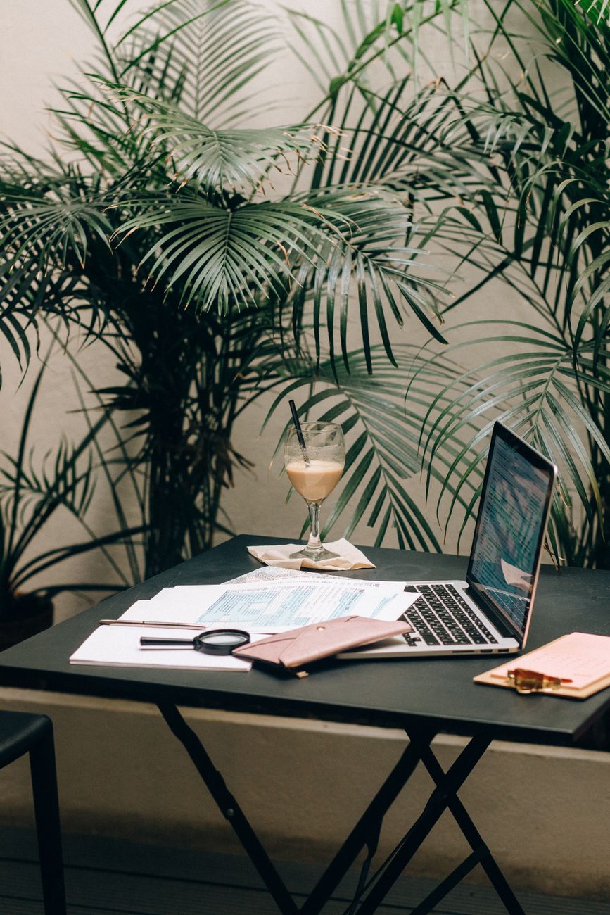 Photo by Nataliya Vaitkevich Modern workspace featuring a laptop, documents, and areca palm for a serene indoor setting.