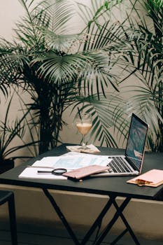 Photo by Nataliya Vaitkevich Modern workspace featuring a laptop, documents, and areca palm for a serene indoor setting.