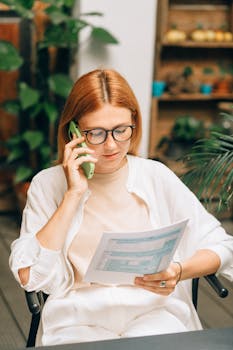 Woman in glasses discussing document on phone surrounded by plants indoors.