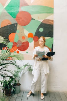 A woman standing with documents against a vibrant mural in a modern indoor setting.