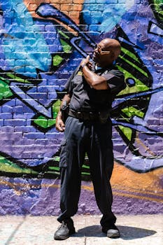 A police officer poses confidently in front of a colorful graffiti wall, showcasing urban art and authority.