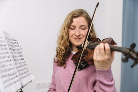 A young woman skillfully playing the violin indoors, capturing a moment of musical passion.