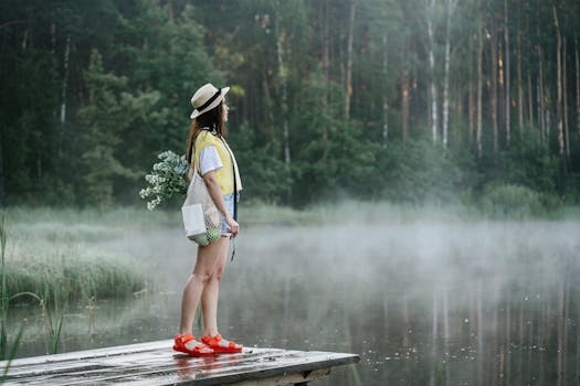 Woman in summer attire stands on a misty boardwalk by the lake, surrounded by lush greenery.