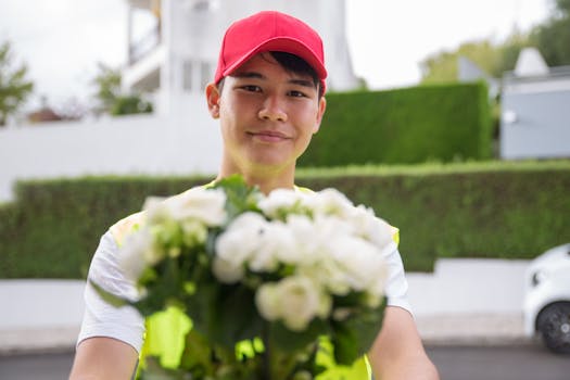 Smiling delivery man with a red cap offering a bouquet of white flowers outdoors in Portugal.