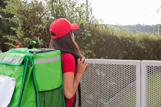 Female courier with a green insulated bag delivering in Portugal, wearing a red cap.