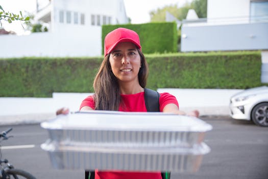 A cheerful female courier delivering food on the street in Portugal. Perfect for urban, delivery, and lifestyle themes.