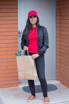 A woman in casual wear delivering groceries outdoors in Portugal.