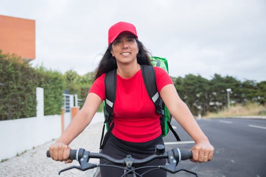 Smiling woman courier riding bicycle for delivery service in Portugal.