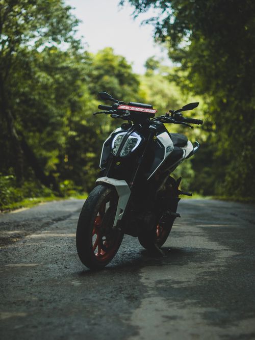 Free Modern motorbike parked on a scenic forest road, ideal for travel and adventure themes. Stock Photo