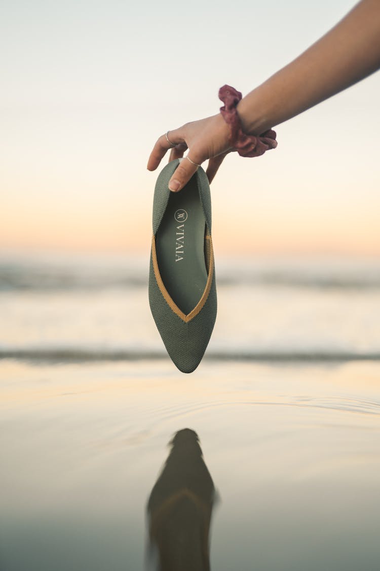 Person Holding A Flat Shoe Above Water