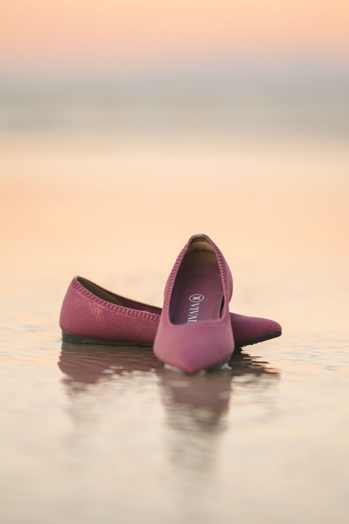 Elegant pink ballet flat shoes resting on wet sand at sunset