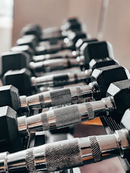 A vertical shot of dumbbells neatly arranged on a rack, perfect for fitness and gym stock photos.