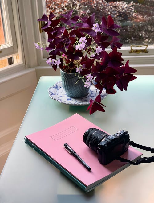 Black Dslr Camera and Pen on Notebooks Beside a Flower Vase