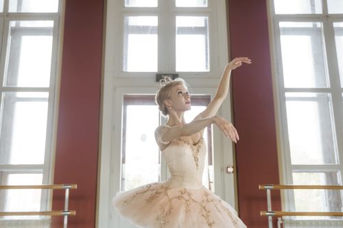 Free A graceful ballerina in a tutu performs a ballet pose in a sunlit studio. Stock Photo