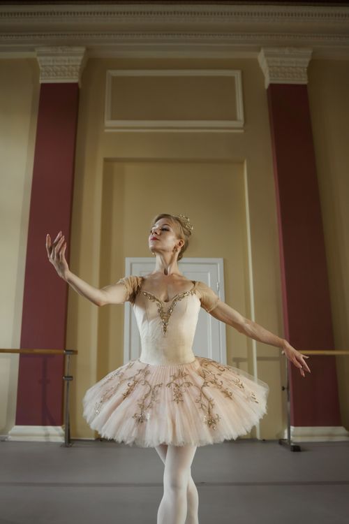 Free Graceful ballerina in a tutu poses elegantly in a classical dance studio. Stock Photo