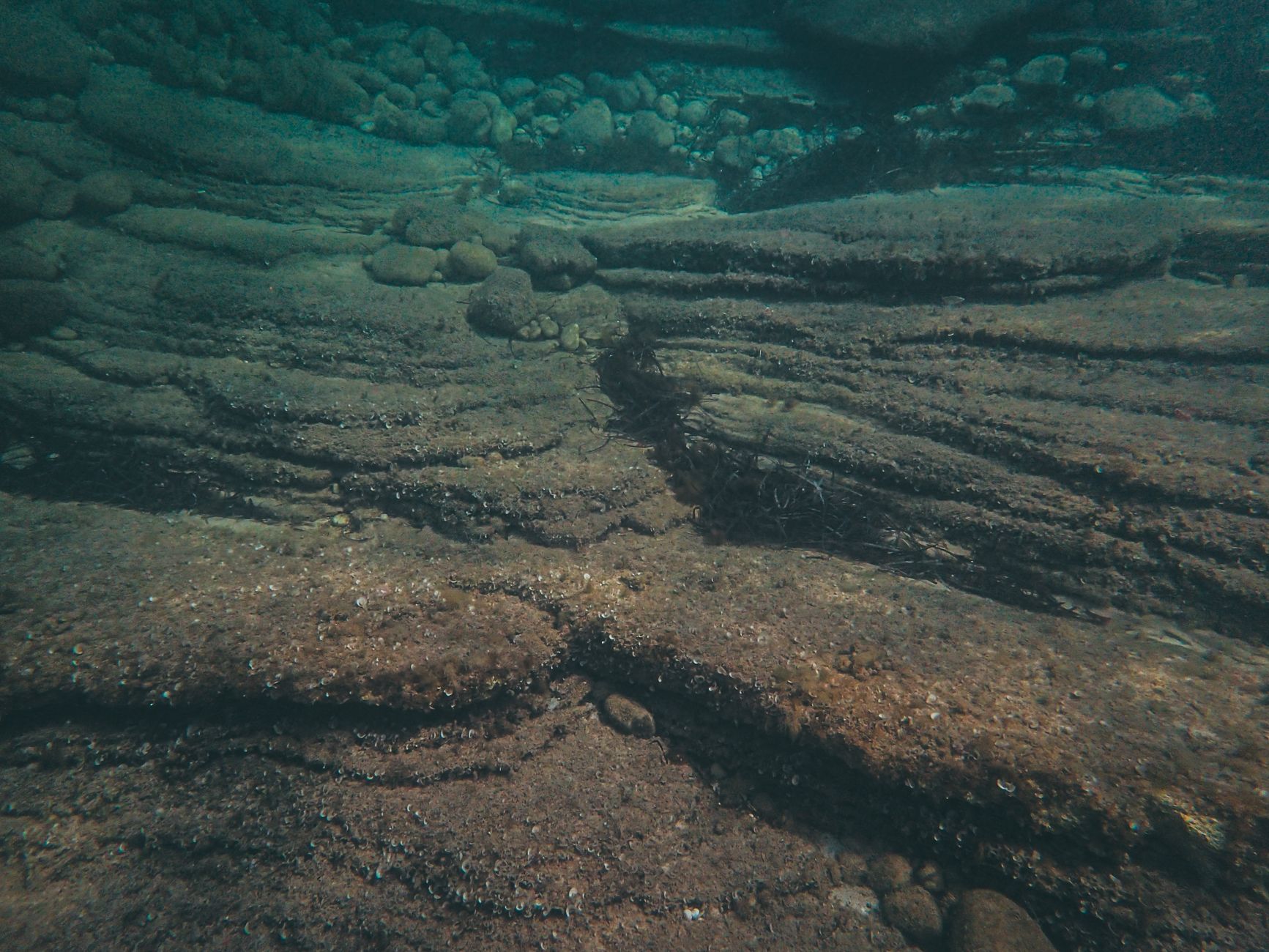 Discover the fascinating layers of the ocean bed captured underwater, showcasing natural rock formations.