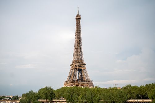 Free Iconic Eiffel Tower rising above green trees in a clear, bright sky in Paris, France. Stock Photo